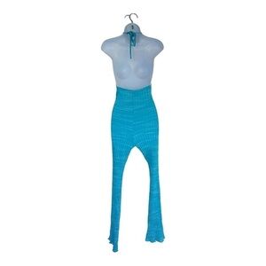 zara blue cotton blend ribbed halter flare jumpsuit size small